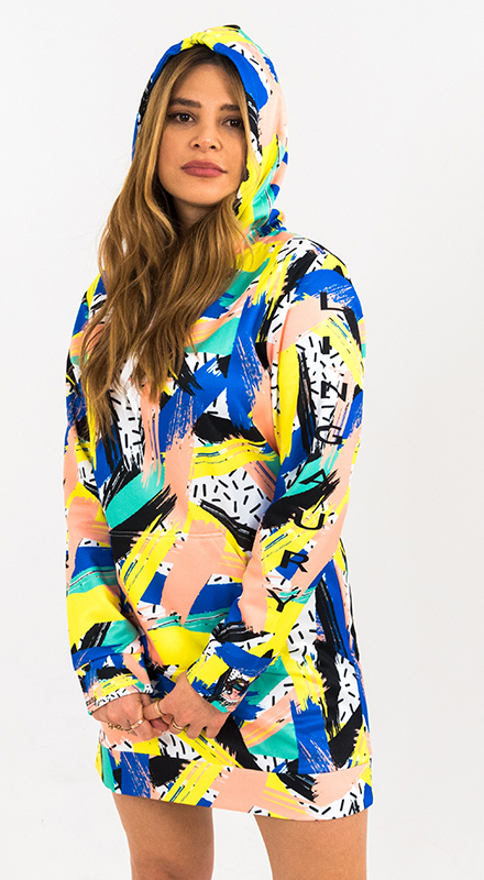 Unique Blue and Yellow Hoodie Dress. Part of the Lingaury Graphic Range of hoodie dresses collection