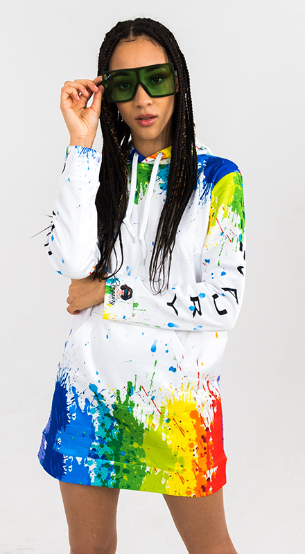 Unique Rainbow White Hoodie Dress. Part of the Lingaury Graphic Range of hoodie dresses collection