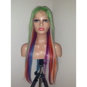 Unique human hair wig with red, blue and green highlights. Part of the Lingaury Human Hair Wig collection