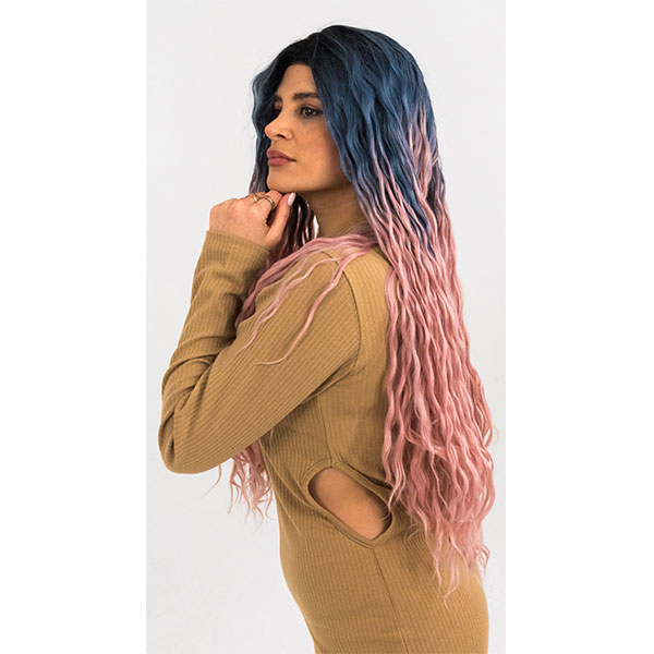 Unique Synthetic wavy ombre wig grey to pink. Part of the Lingaury Synthetic Wig collection