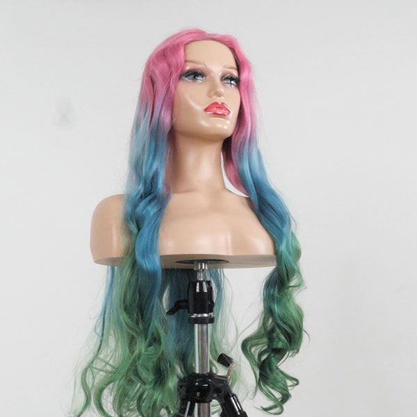 Unique synthetic wavy ombre wig pink to blue. Part of the Lingaury Synthetic Wig collection